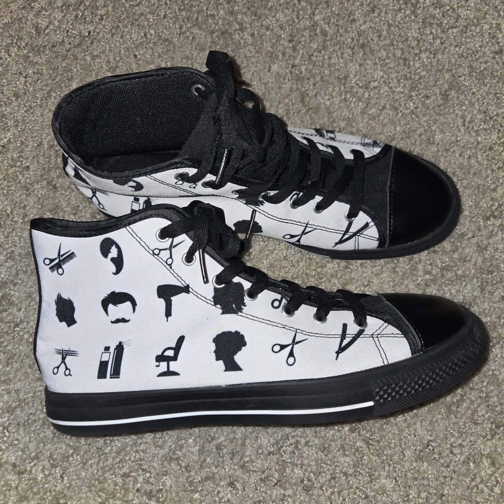 Black and White High-Top Sneakers with Barber / Hairstylist Print